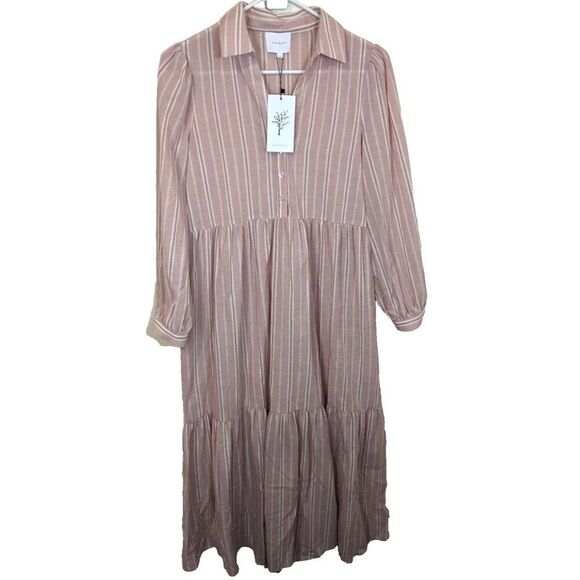 Sundays Elliot Shirt Dress Midi Maxi Pink Striped Long Sleeve Collared Small - Picture 3 of 13